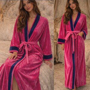 Vintage Christian Dior Loungewear Women's Pink Blue Velour Long Robe Size Large